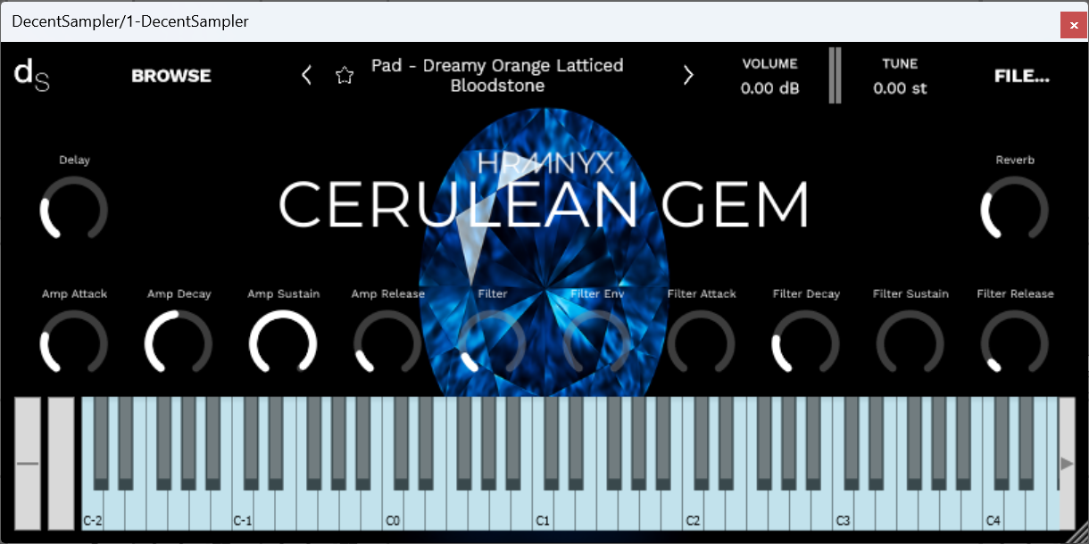 A screenshot of the Cerulean Gem Sample Library instrument interface in Decent Sampler.